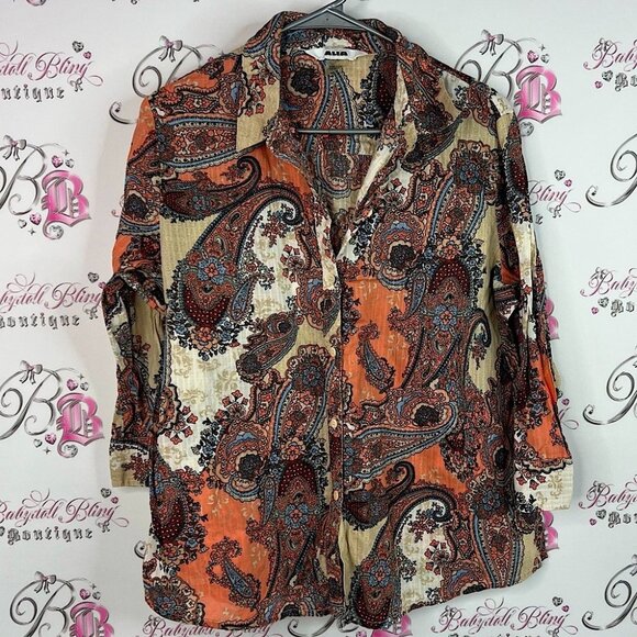 Alia button up paisley collared boho Orange and Cream Paisley Shirt - Picture 1 of 7